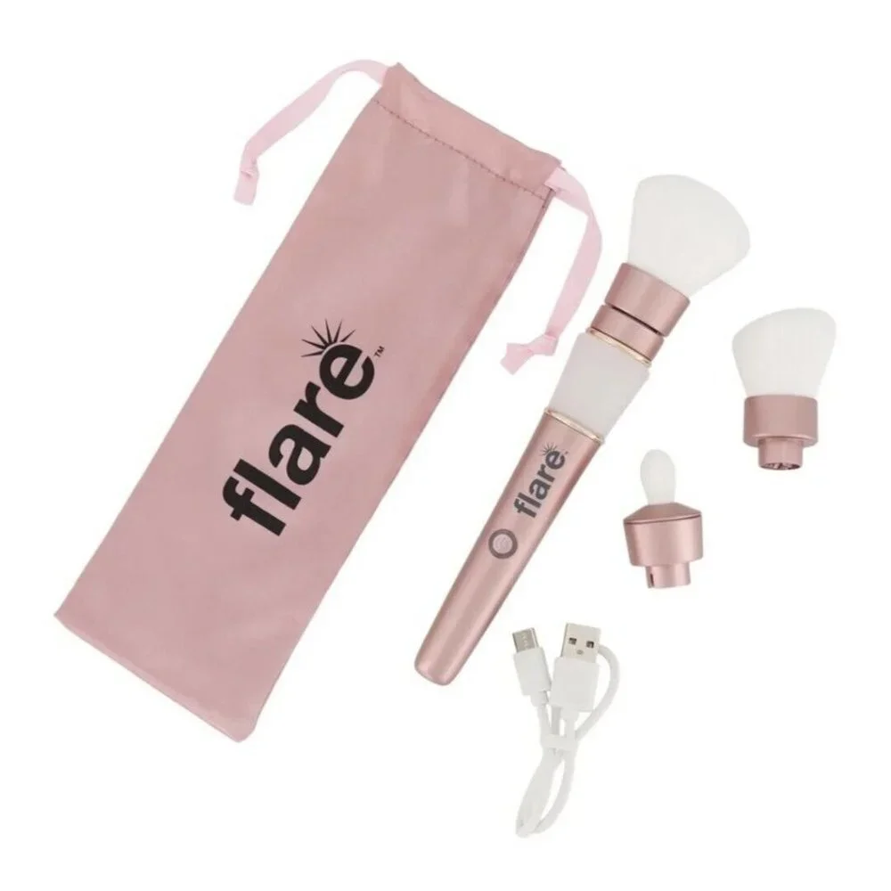 Flare Light Up Makeup Brush Rechargeable Heads Rose Gold Travel Bag USB Charger